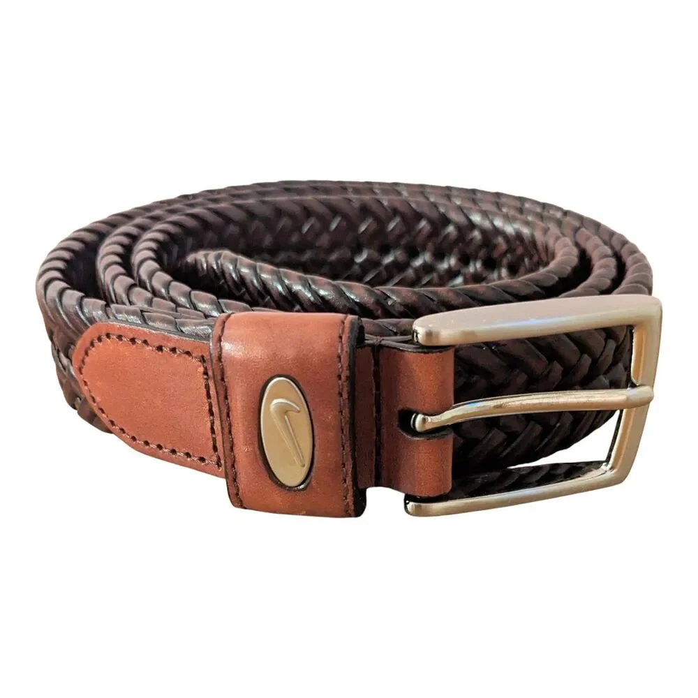 Nike Men's Braided Leather Belt Size 42 Brown Woven Bonded Silver Buckle Casual